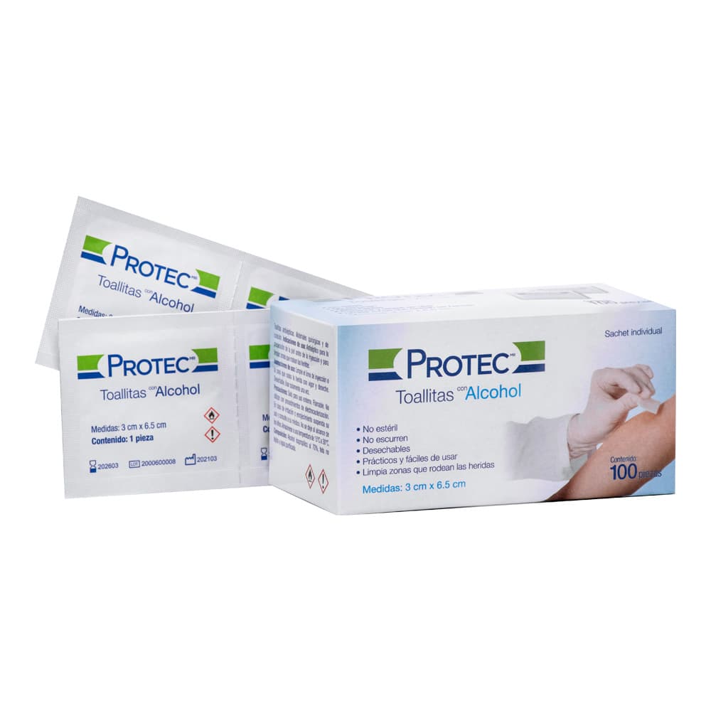 Toallas con alcohol Protec 3 × 6.5 cm, caja c/100